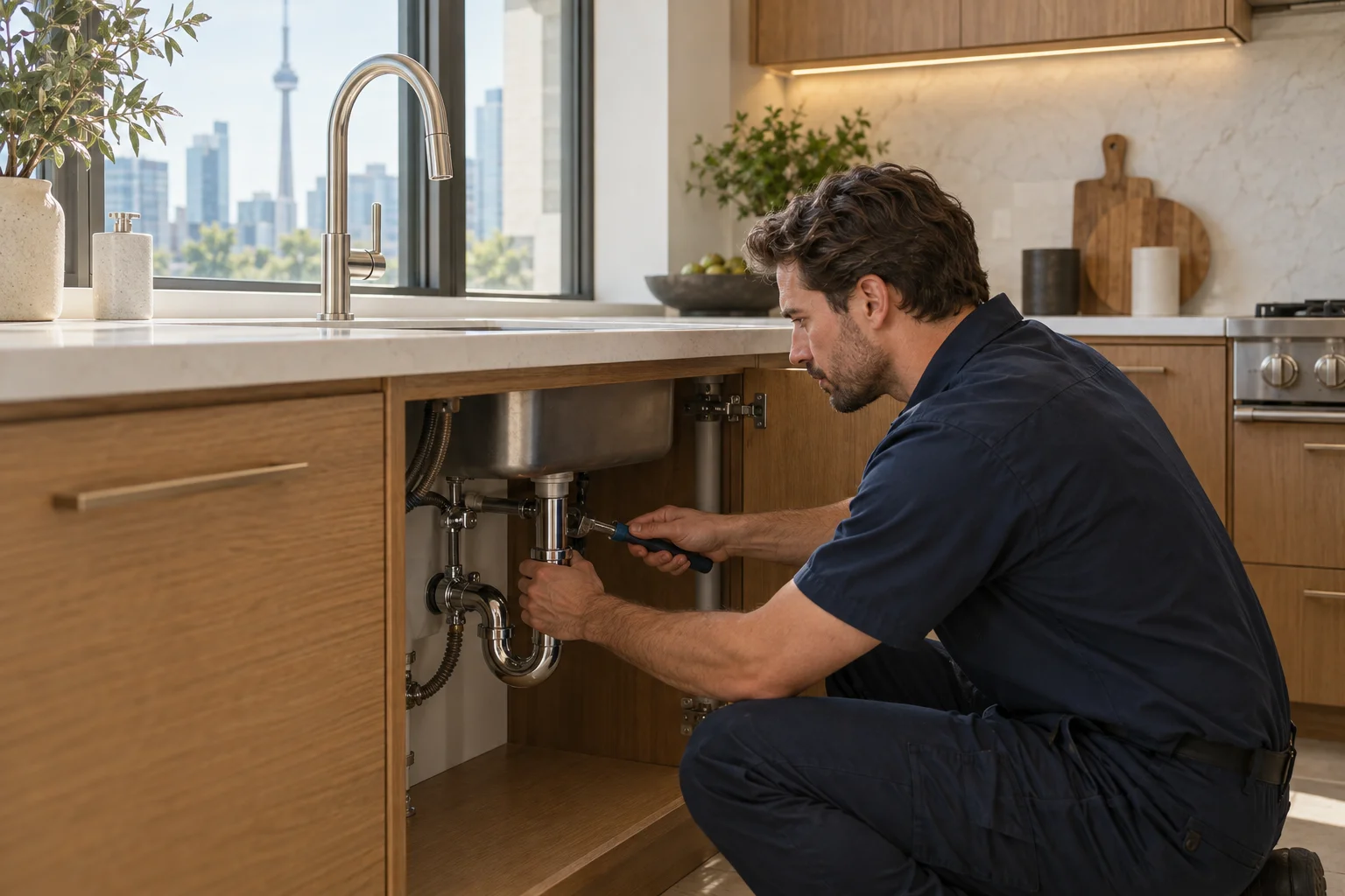 Illustrative image of a plumber inspecting the drain beneath a sink in a modern home