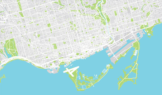 Map of Toronto streets, waterfront, and islands on Lake Ontario